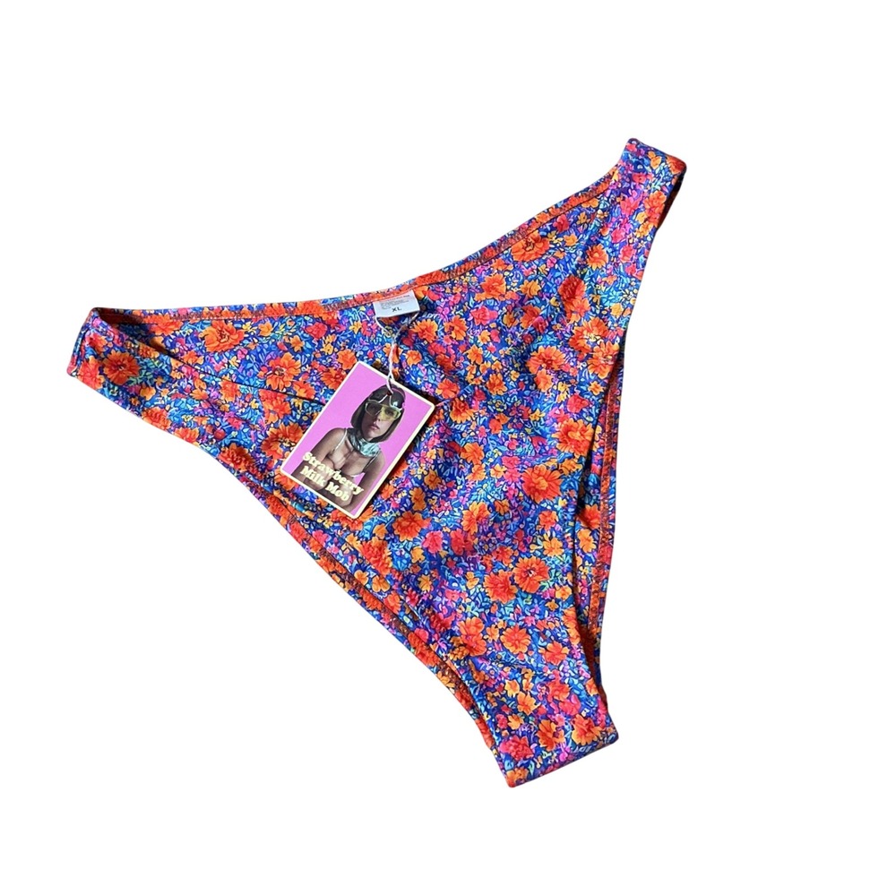 Strawberry Milk Mob Floral High Leg Bikini Bottom Womens XL Blue Orange Retro